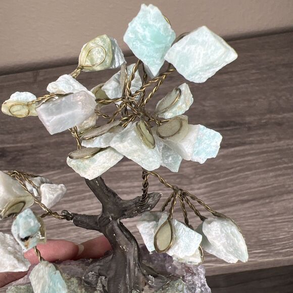 Rock Tree Amethyst Geode Amazonite Leaves 5” Crystal Rock Wire Art - Picture 4 of 7